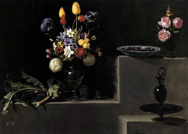  Still Life with Flowers, Artichokes, Cherries and Glassware
